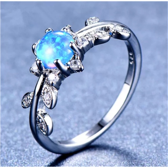 Silver Round Cut Blue Simulated Opal Rings Couple's Day Gift Size6 - Picture 2 of 10